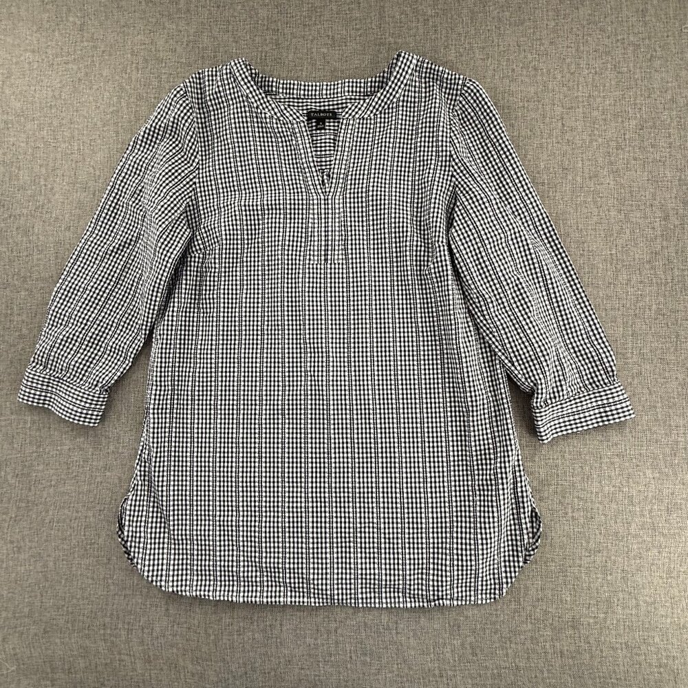 Talbots Pull Over Top Small Gingham Black White Split Neck 3/4th Sleeves Cotton